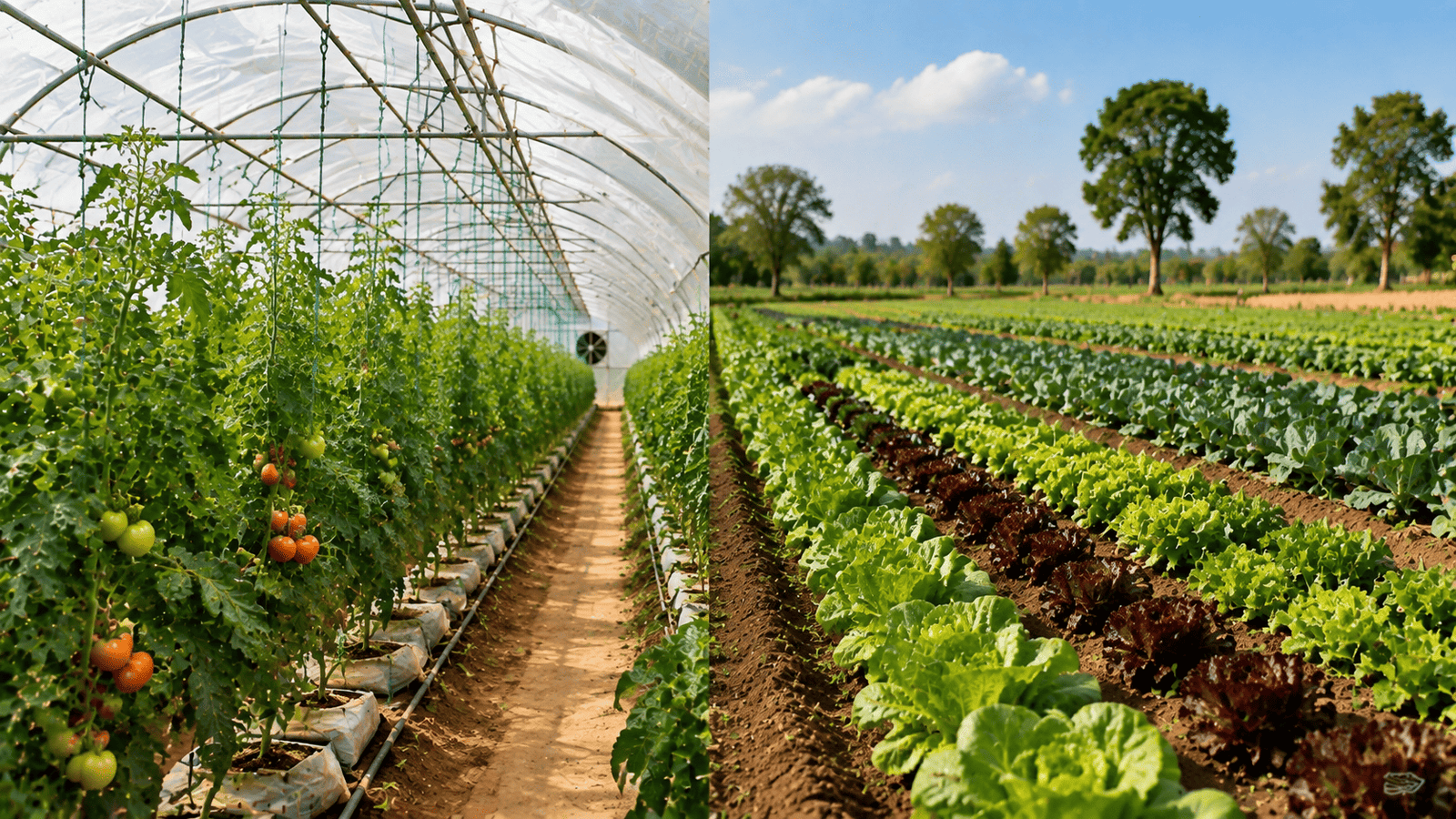 Rows of tomato and pepper plants growing inside a commercial greenhouse