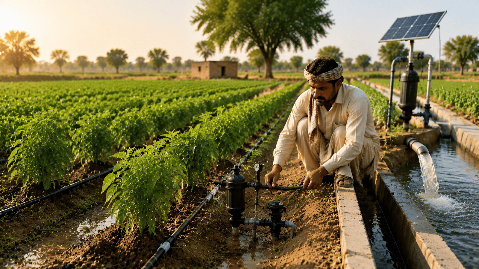 Farmer inspecting a clogged drip irrigation emitter in a field row