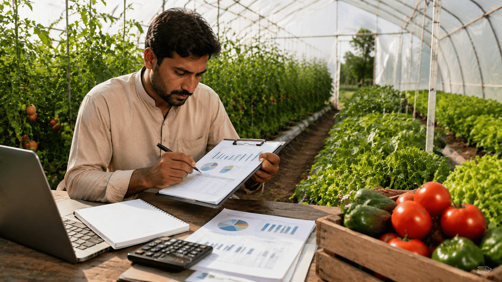 Digital thermometer and hygrometer mounted inside a greenhouse among rows of plants