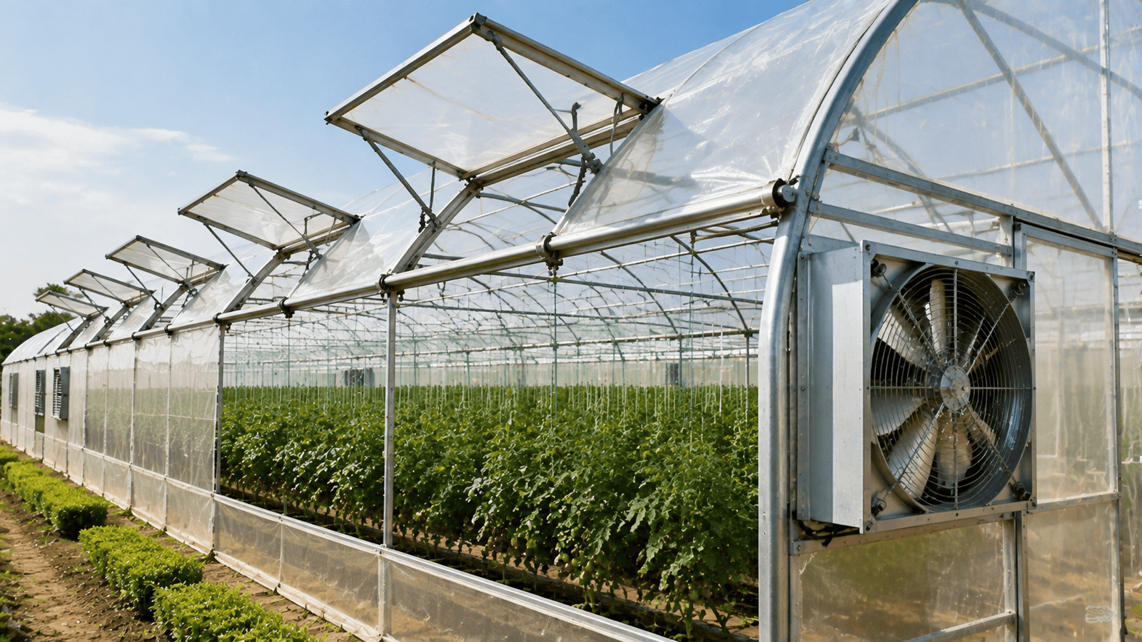Split view of a polytunnel greenhouse on one side and an open vegetable field on the other