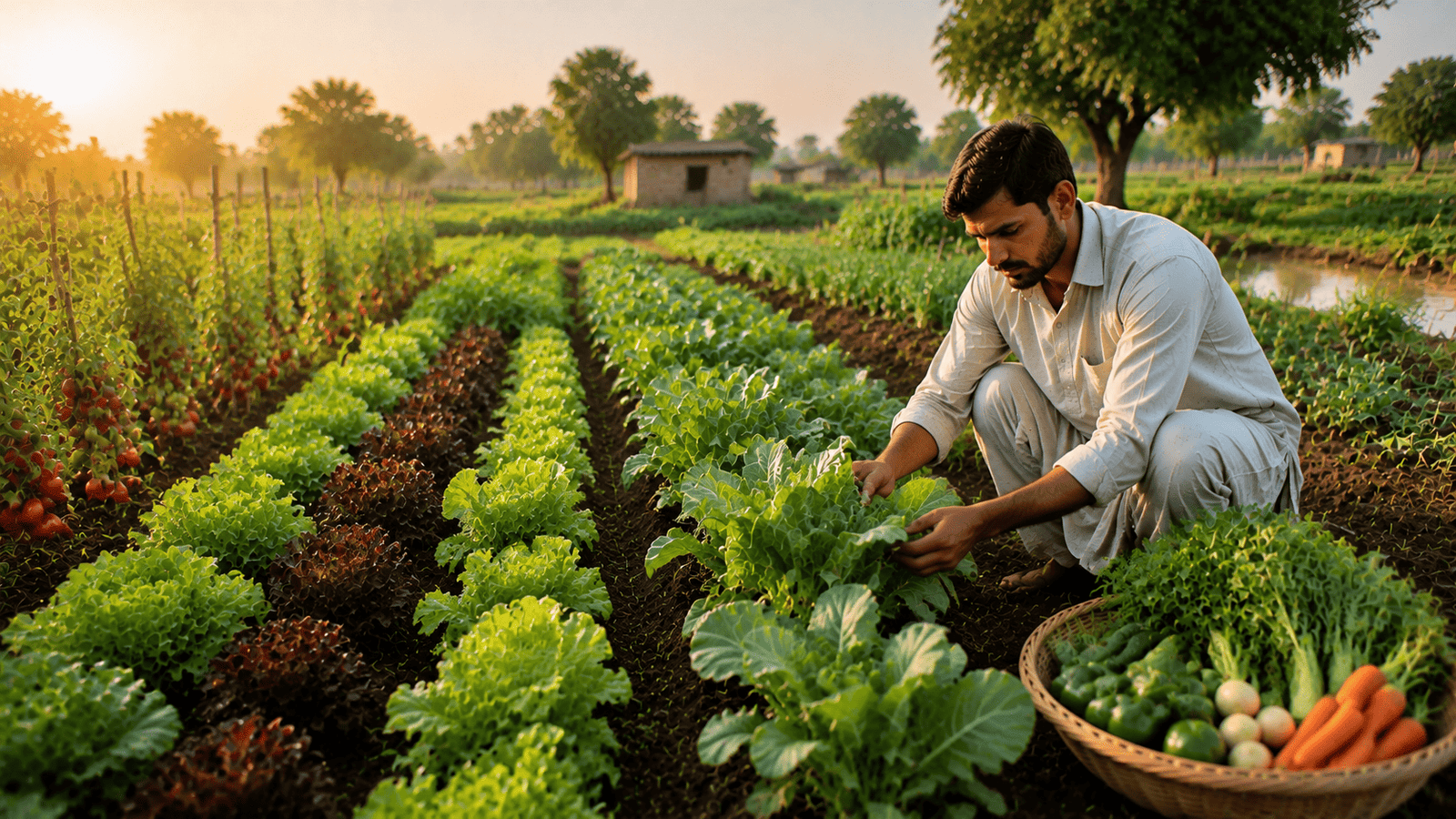Densely planted raised garden bed with vegetables growing in a square-foot grid pattern