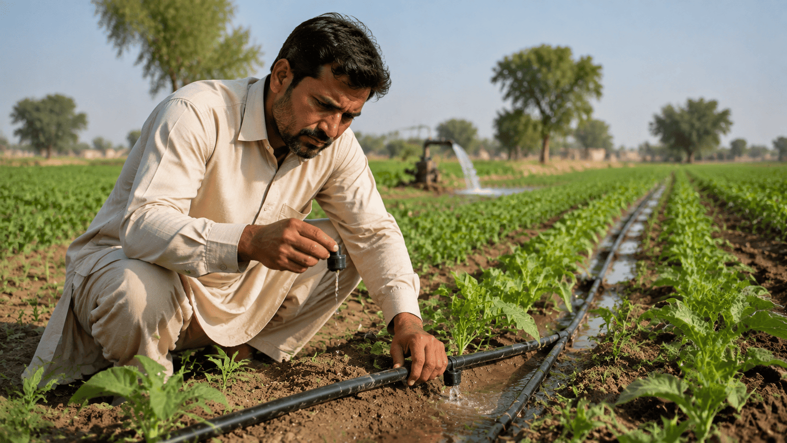 Farmer checking soil moisture by hand between irrigated crop rows