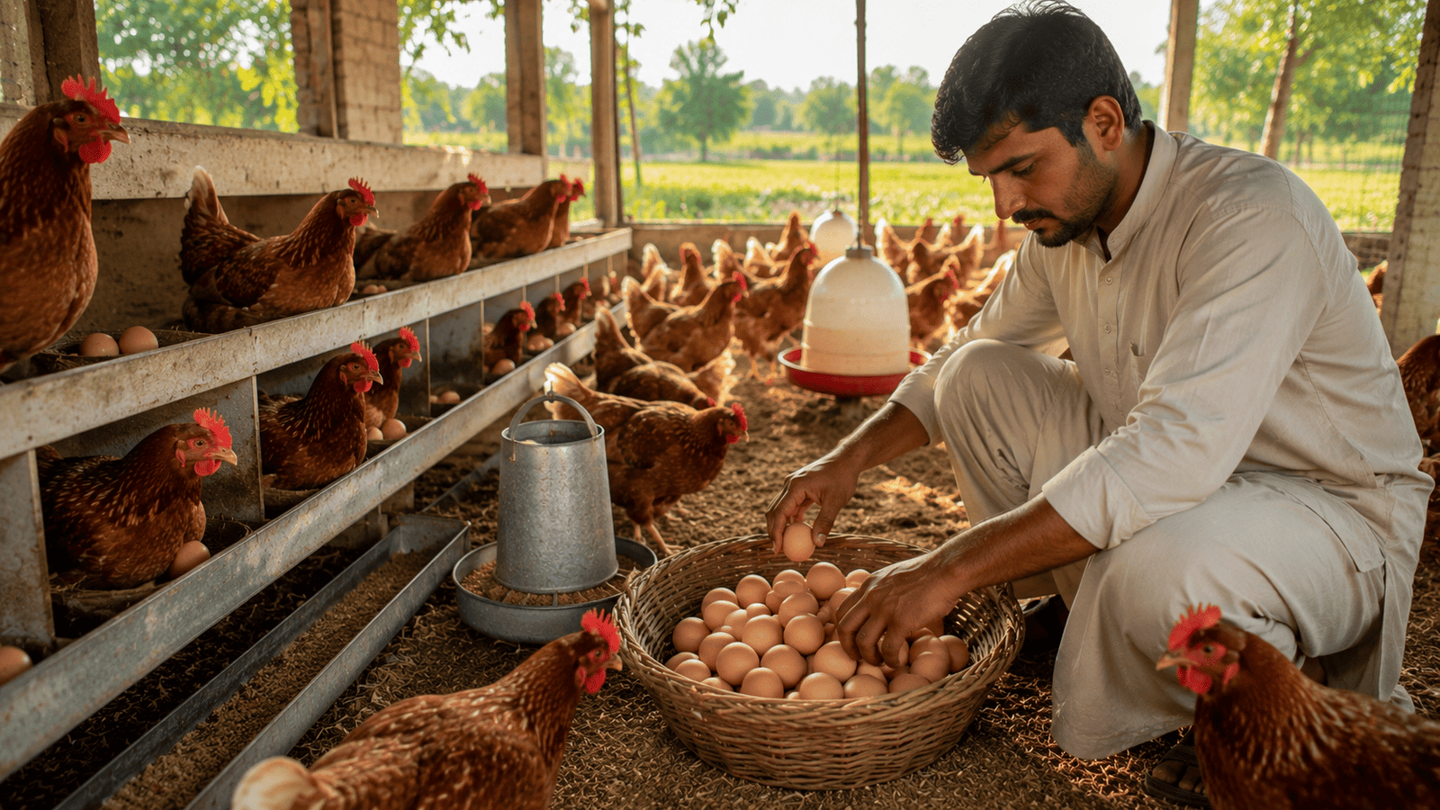 Laying hens in a well-lit coop with nesting boxes full of eggs