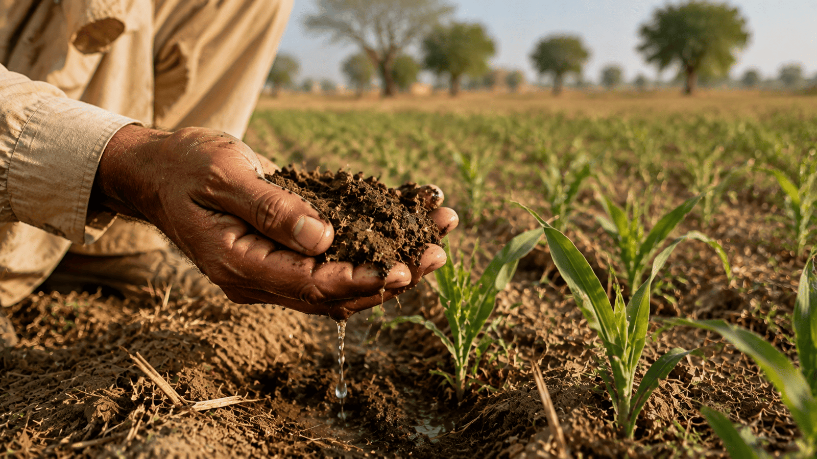 Close-up of a farmer's hand holding dark, moist soil above a dryland crop row