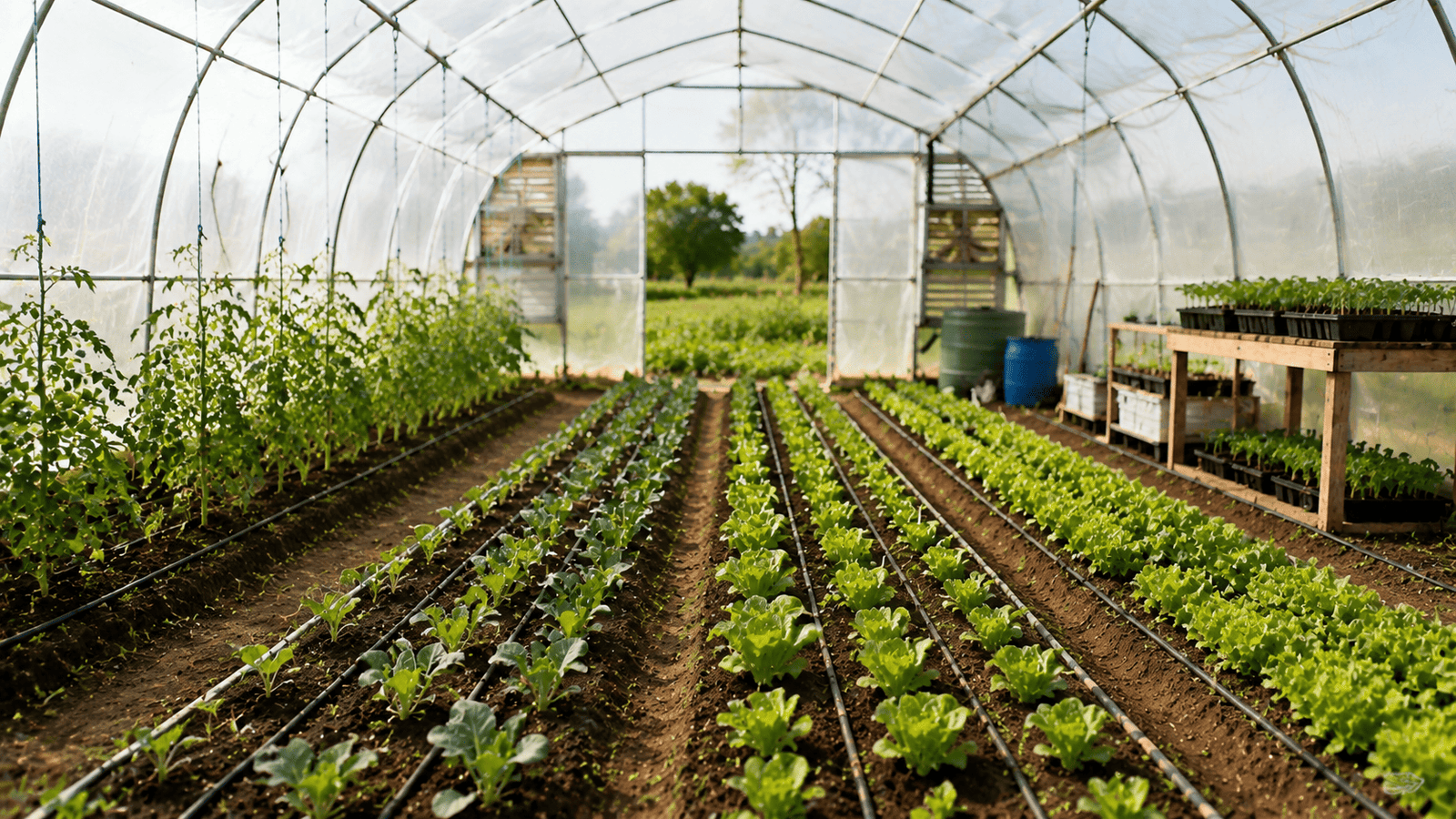Beginner greenhouse with rows of young vegetable seedlings under a polyethylene covering